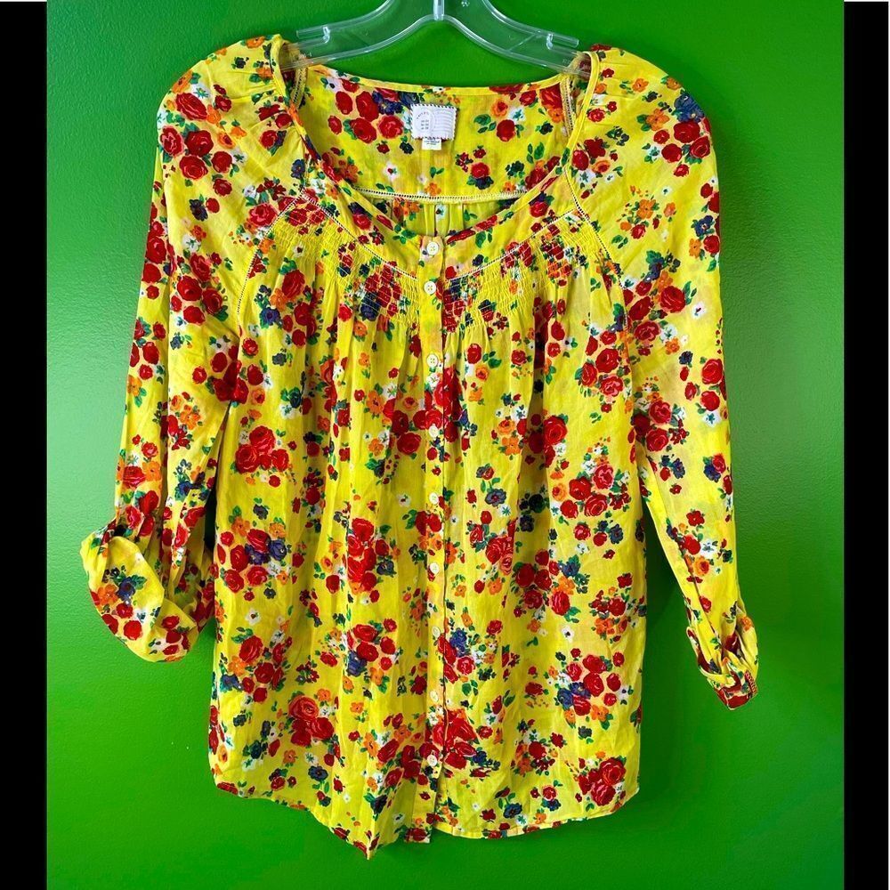 ANTHROPOLOGIE POSTAGE STAMP yellow floral blouse